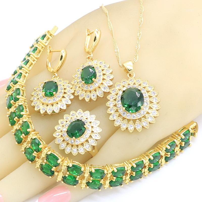 

Green Semi-precious Gold Color Jewelry Sets For Women Bracelet Necklace Pendant Earrings Ring With Gift Box1