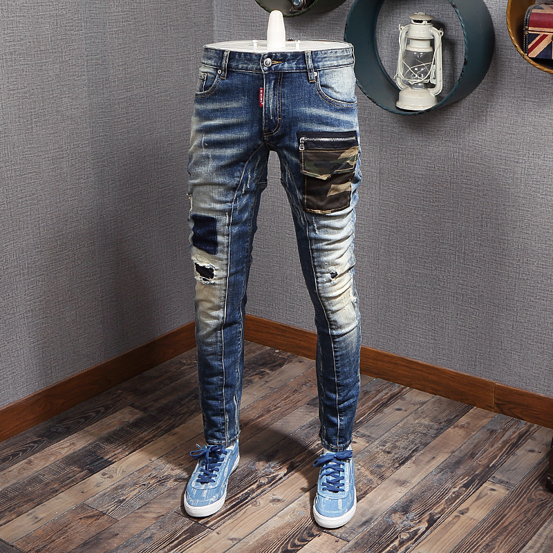 

2021 New Fashion Streetwear Blue High Quality Slim Fit Elastic Ripped Men Patch Pocket Designer Pants Hip Hop Jeans Homme 009j, Retro blue