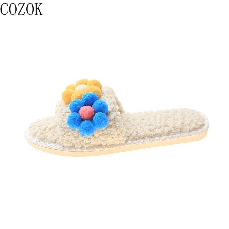 

Winter Open-toed Furry Women's Slippers Comfortable and Warm Sweet and Cute Women's Fashion Home Flower Slippers, Black