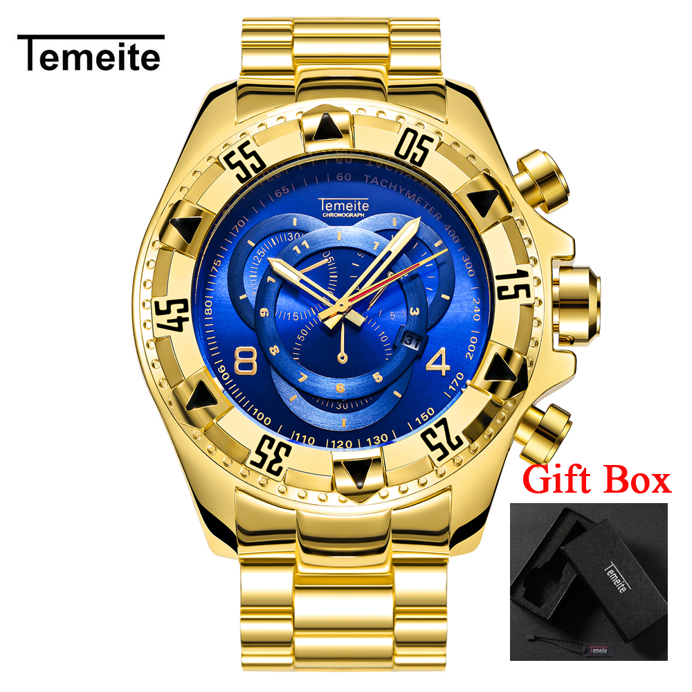 

Relogio TEMEITE 2018 New Quartz Watches Mens Fashion Creative Heavy Waterproof Wristwatch Luxury Gold Blue Full Steel Masculino, Black