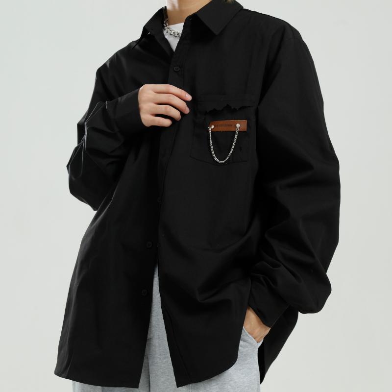 

Men Streetwear Fashion Hip Hop Casual Loose Solid Color Long Sleeve Shirt Male Chain Shirt, W8001 black