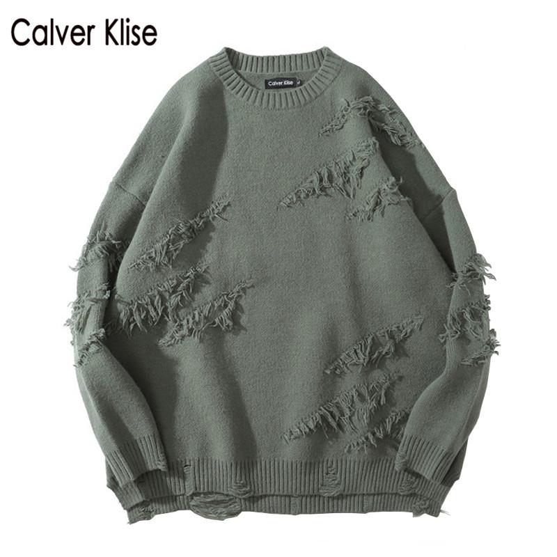 

Calver Klise Ripped Destroyed Holes Distressed Knitted Jumper Sweaters Streetwear Hip Hop Fashion Casual Pullover Knitwear Tops, Black