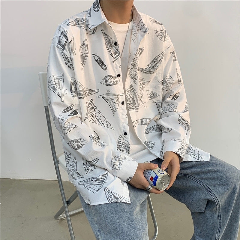 

Spring the 2021 Listing of Long Sleeves Printed Male Shirt Style National All-match White Recommend HASV 5JOG, Black