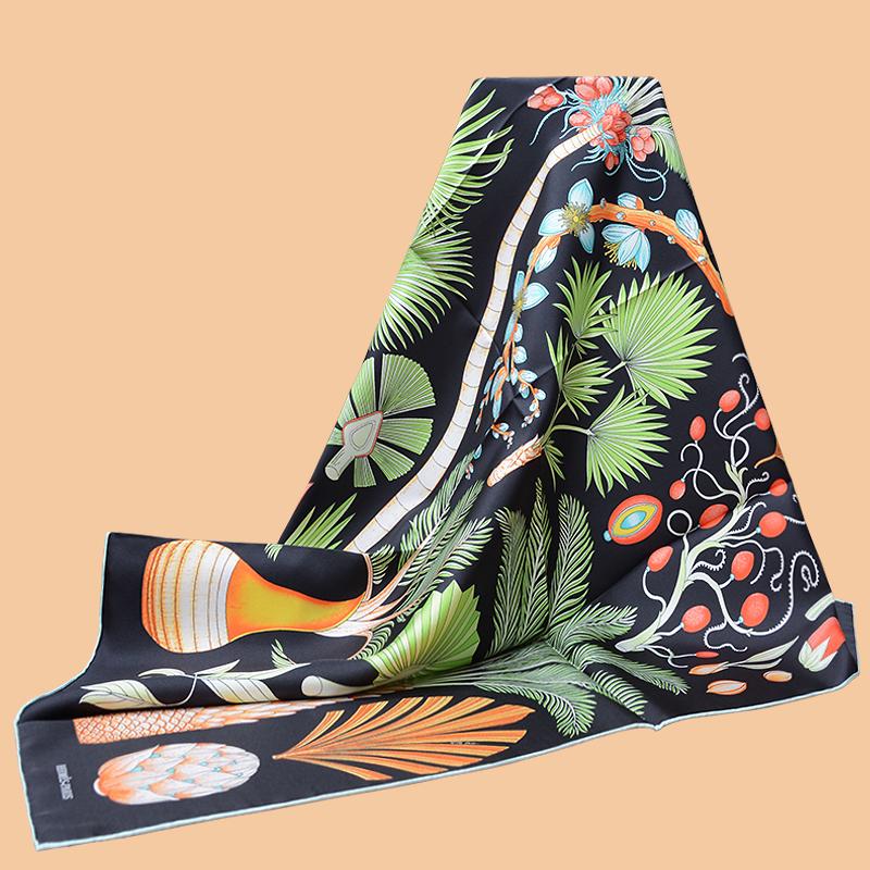 

HuaJun 2 Store|| Simple Black Background "Index Palmarum" 90 Silk Scarf Twill Spray Scarf Hand-Crimped