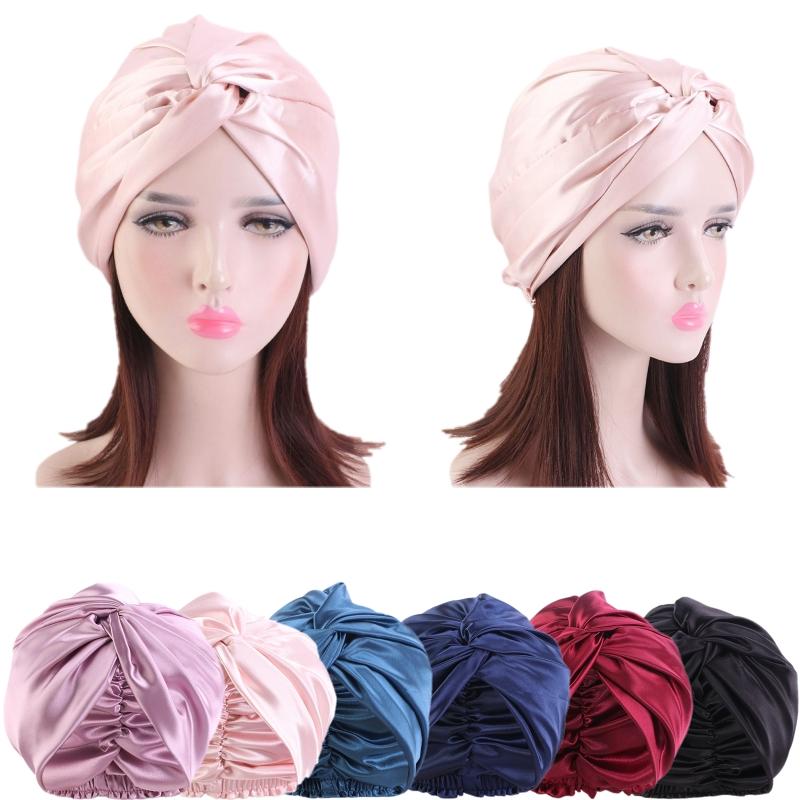 

Temperament Ladies Headdress Satin Knotted Hat Twisted Hat Fashion Hairdressing Cap Double Beauty Cap Nightcap Hair Loss Hats, Black