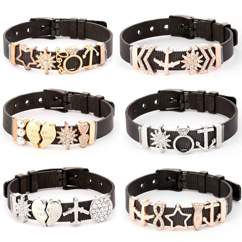 

BAOPON 6 Style Black Color Stainless Steel Charm Bracelets With Crown & Star Fine Mesh Bracelets Bangles for Women Lover Gift