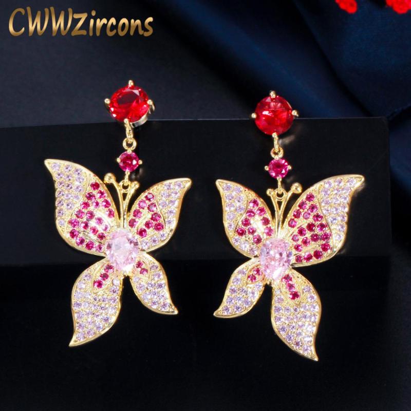 

CWWZircons Gorgeous Cute Butterfly Shape Red Pink Sapphire Topaz Dangle Drop Earrings for Women Luxury Jewelry Accessories CZ782