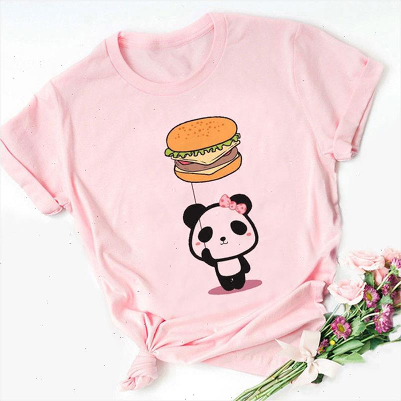 

womens summer fashion casual hipster harajuku cute cartoon panda print pink short sleeve shirt 90s young girls tee, White