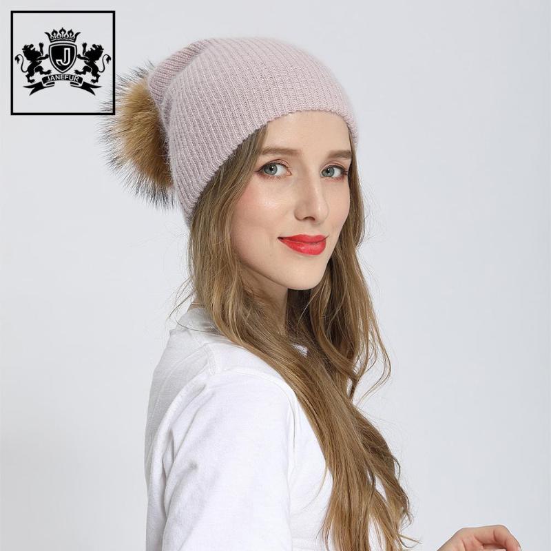 

Winter Adult Angora Hats with Natural Raccoon Fur Pompom Knitted Warm Soft Casual Stylish Colorful Women Beanie