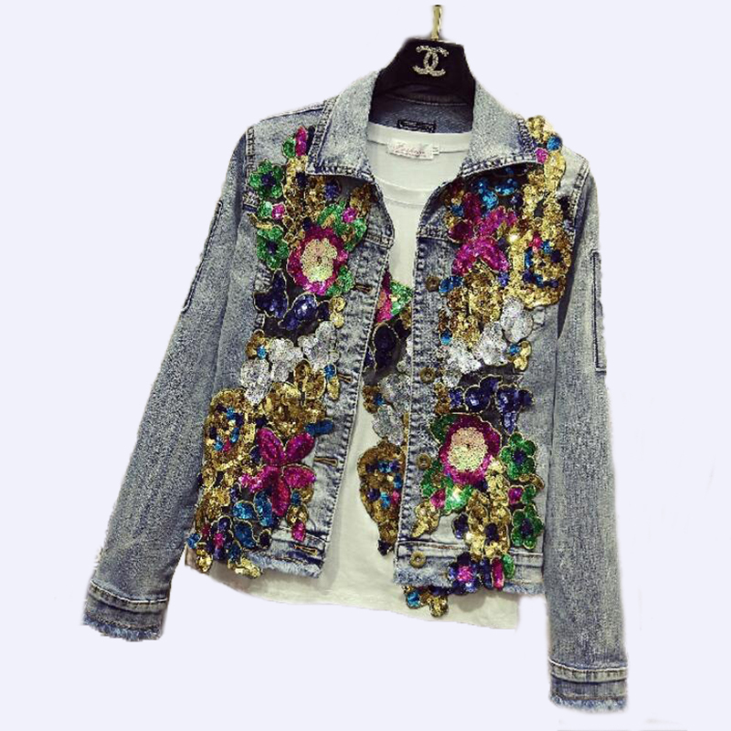 

Women's jean jackets 2020 spring girls'jackets denim outerwear sequins diamond jacket, Blue