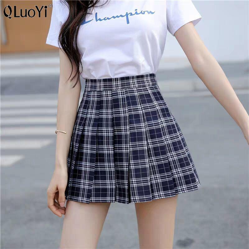 

QLuoYi Summer Kawaii Women Skirt Preppy Style Plaid Pleated Skirts for Girls Cute Japanese School Ladies Women Black Mini Skirt, Dark blue