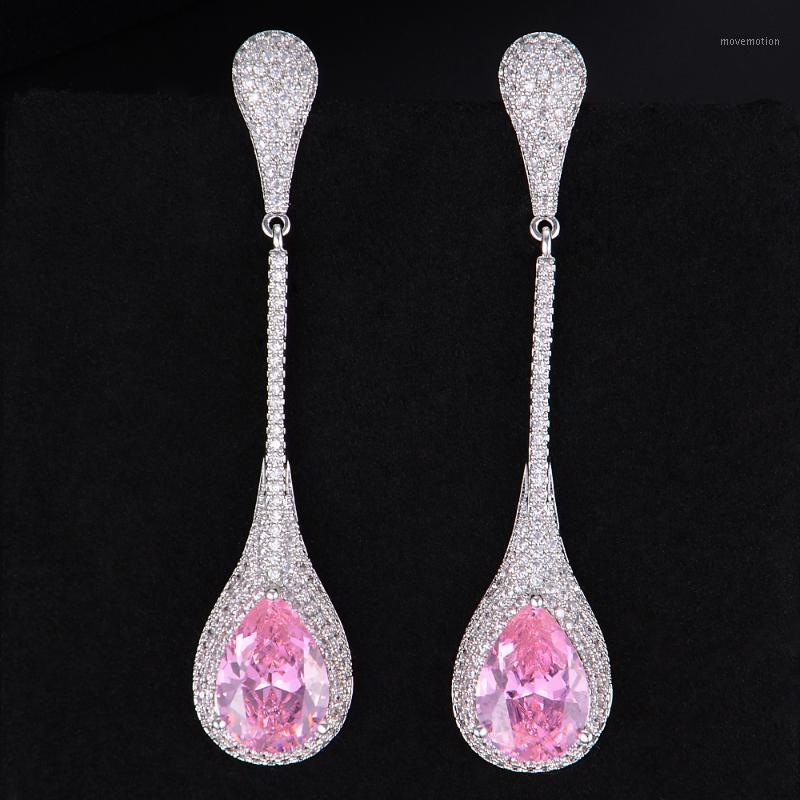 

missvikki Long Drop Austrian Crystal Pendant Earrings Shiny Pink Yellow Romantic Color Paved Full Cubic Zirconia Top Quality1