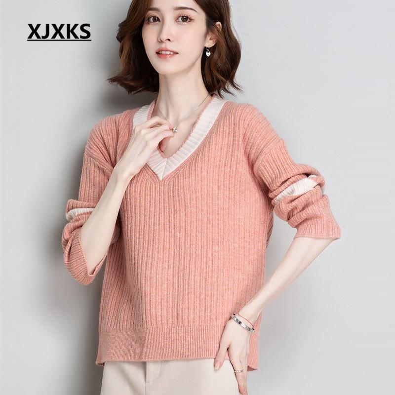 

XJXKS Fashion V-neck women sweater 2020 autumn winter new high-quality cashmere knitted sweater women pullover, Beige