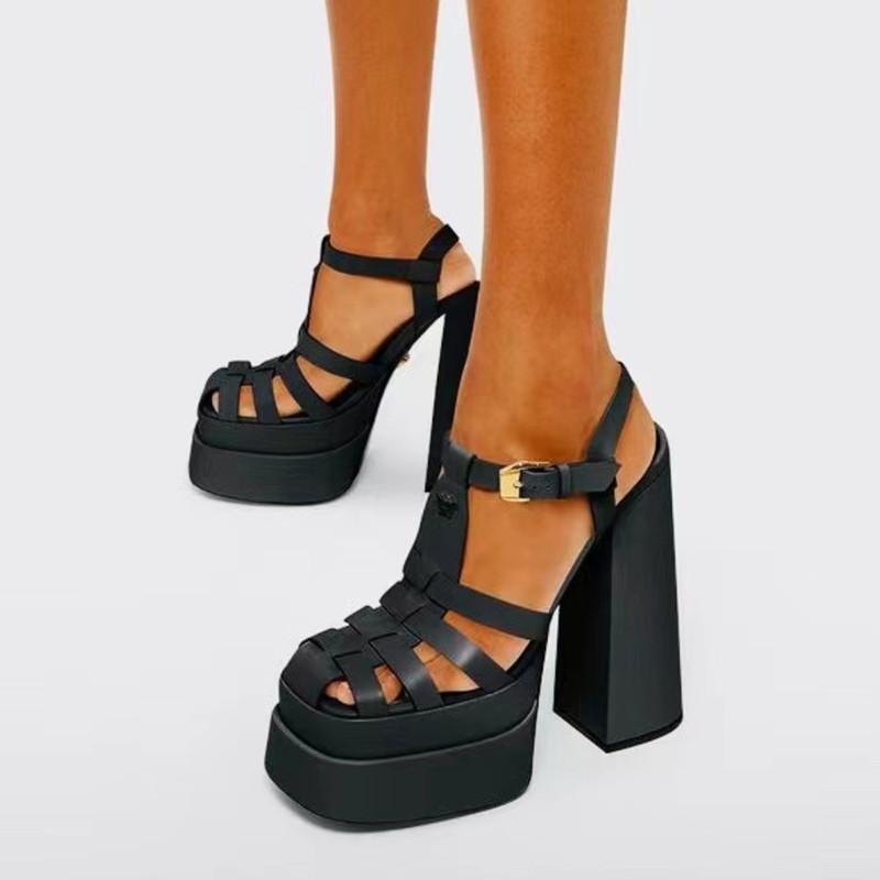 

Dress Shoes 2022 Women Sandals High Heels Pumps Chunky Platform Ladies Sexy Woven Hollow Buckle Party Weeding Big Size 42 43, Black