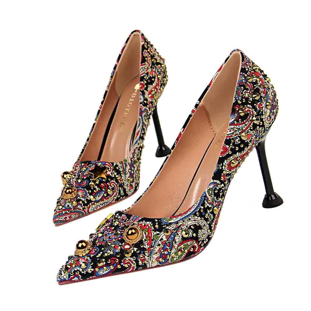 

Europe Pointed Portrait Toe Women Bombs Rebite Female Strass Flower with High Leap Single Shoes 5FWA, Navy blue