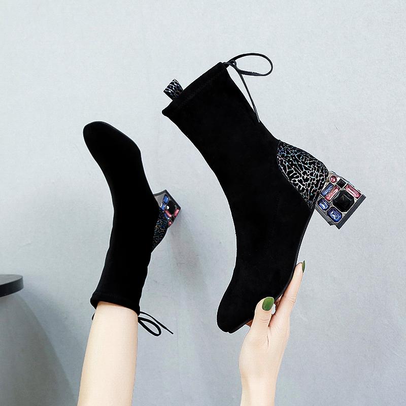 

Winter women pumps boots Platform Fashion RhinestoneCross straps Round Toe mid heels black women shoes