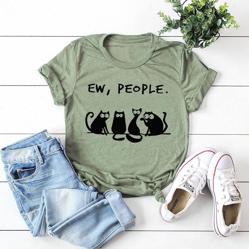 

Plus Size 100% Cotton Women Tops Letter Ew People Cute Cats Print Summer Women Tshirt Hipster Harajuku Graphic Tee Loose Shirt, White t-shirt