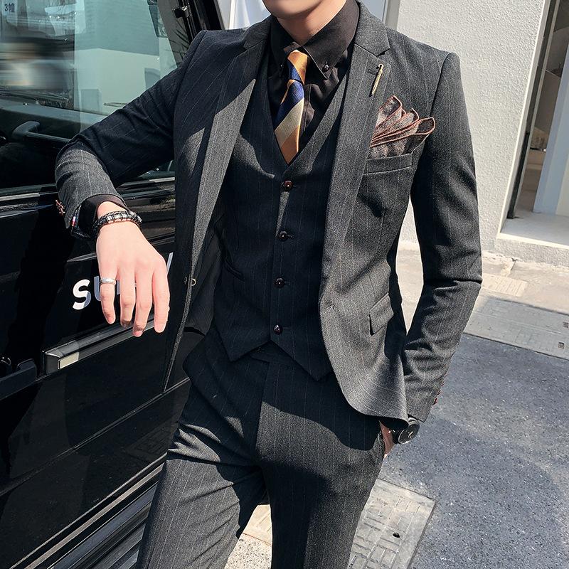 

Spot suits men's striped umbrellas bridal shop wedding best man dresses men's suit three-piece slim fit, Black