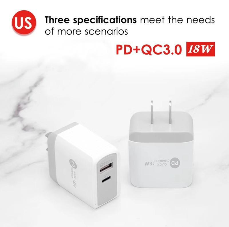 

PD 18W Type-C Charger with QC3.0 Adaptive Fast Charging USB C Mobile Phone Dual Port Wall Travel Charger for Iphone 12 Samsung S20 S10