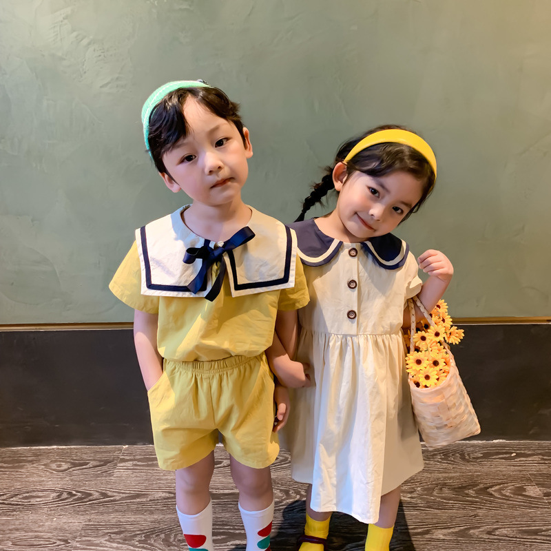 

2021 New Summer Korean Style Brother and Sister Clothes Set Kids Baby Sailor Collar Fashion Shirt + Shorts Children Clothing Suit Boii, 2020x61beige