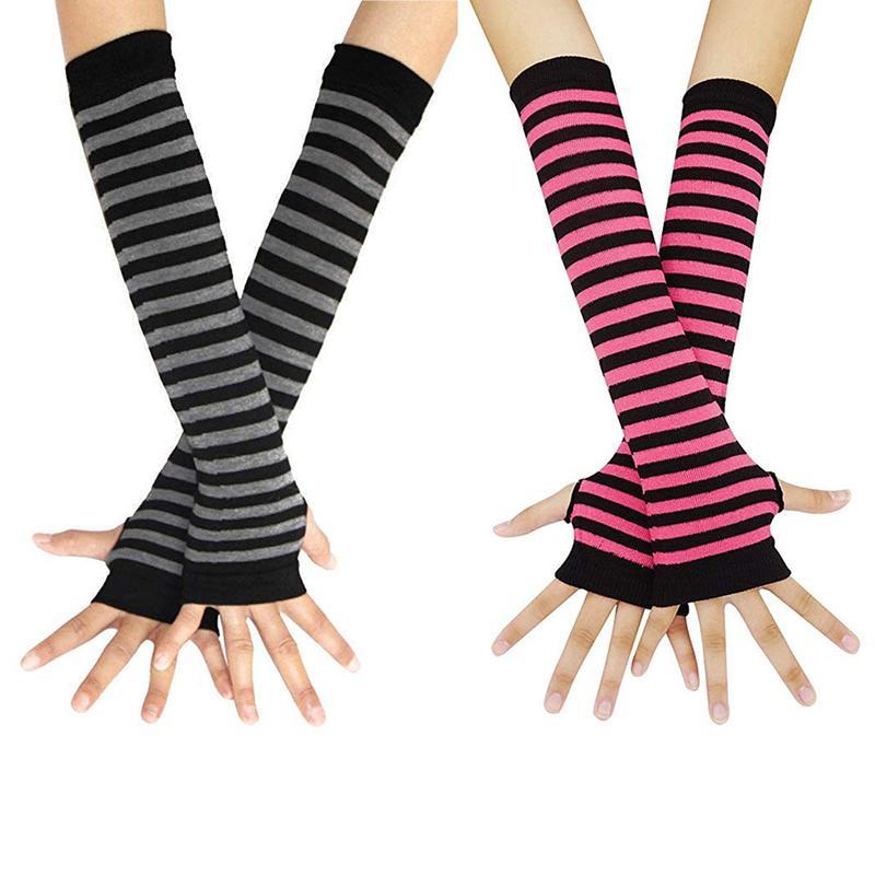 

2 Pairs Women Long Fingerless Arm Lady Elbow Gloves Striped Winter Mittens Sleeve Warmer Christmas Accessories Gift