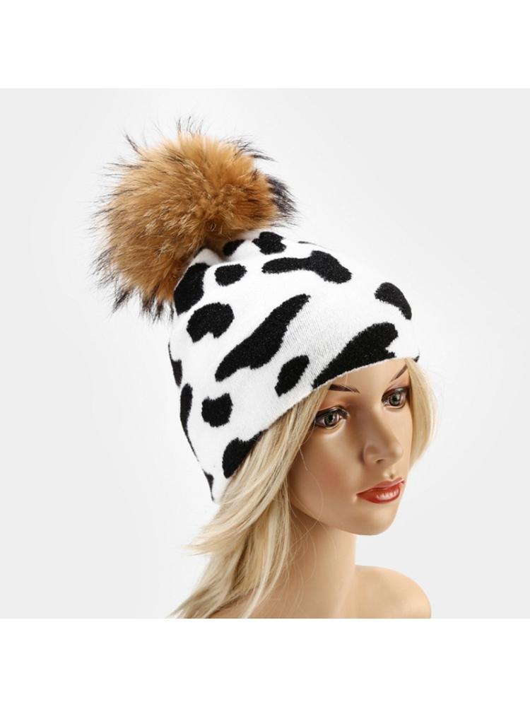 

2020 New Unisex Cute Cow Zebra Print Beanie Hat Detachable Pompom Warm Knitted Skull Cap