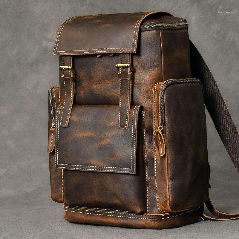 

Retro Crazy Horse Leather Men Backpack Large Capacity Men's Bagpack Leather Nostalgic Male Travel Bag1, Brown