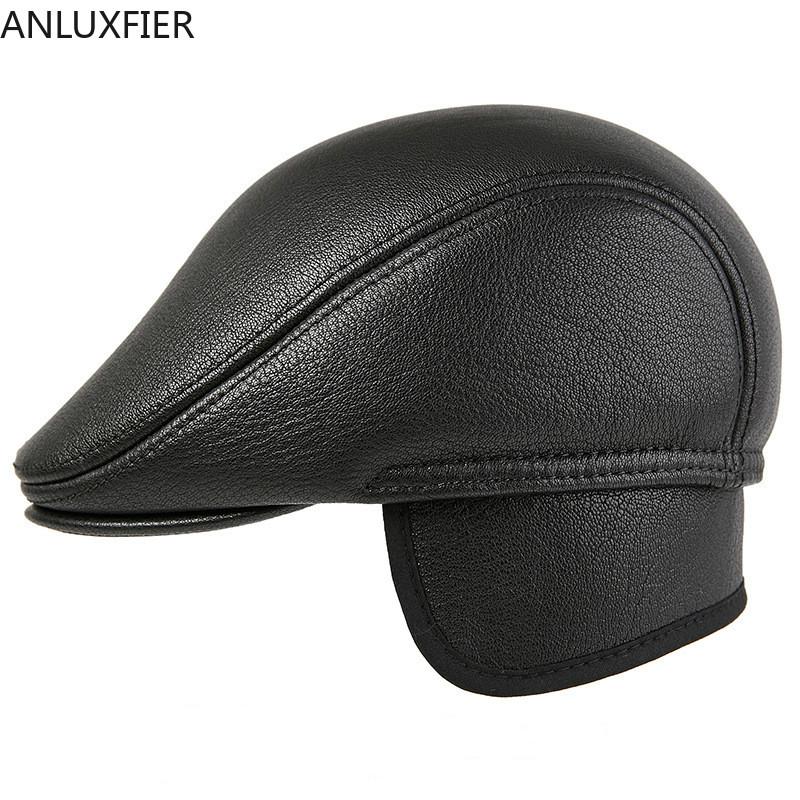 

H7591 Genuine Leather Beret Hat Men Middle-aged Goatskin Berets Cap Fall Winter Forward Caps Ear Protective Warm Casual Hats, Black