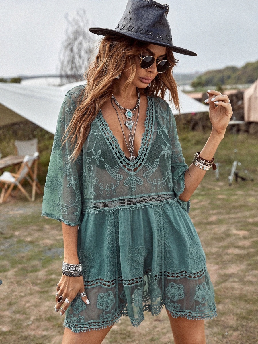 

Contrast Lace Plunging Cover Up m0By#, Green