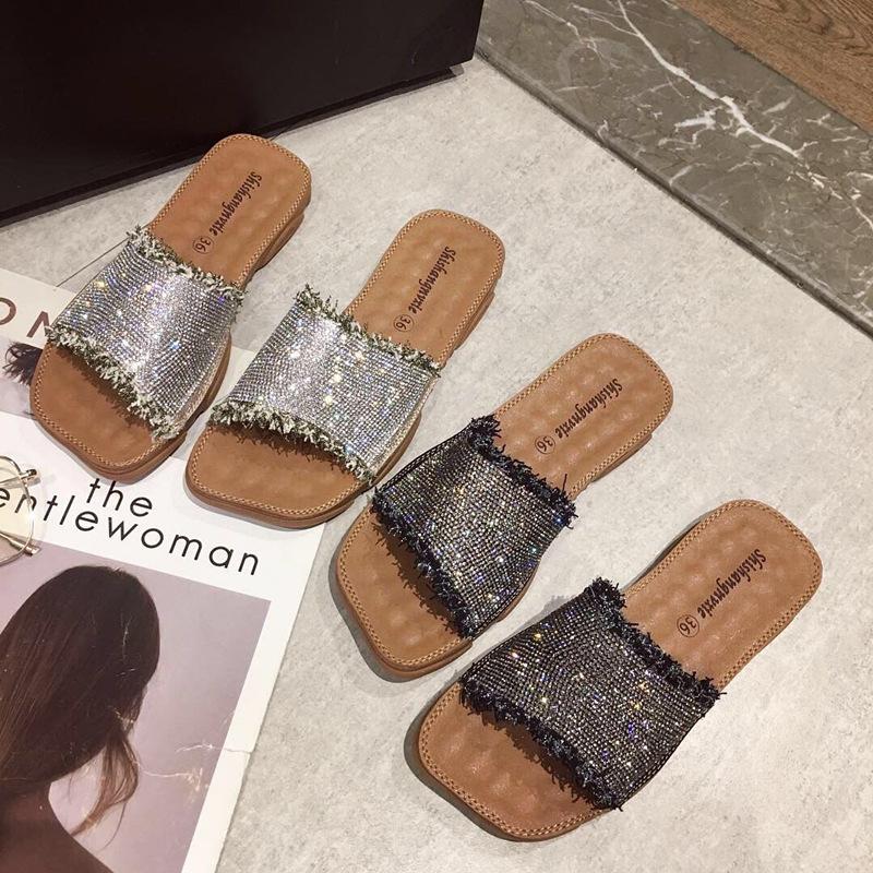 

Slippers women's fashion wear out new Korean version of 2021 summer versatile diamond sandals student beach shoes flip flop, Black