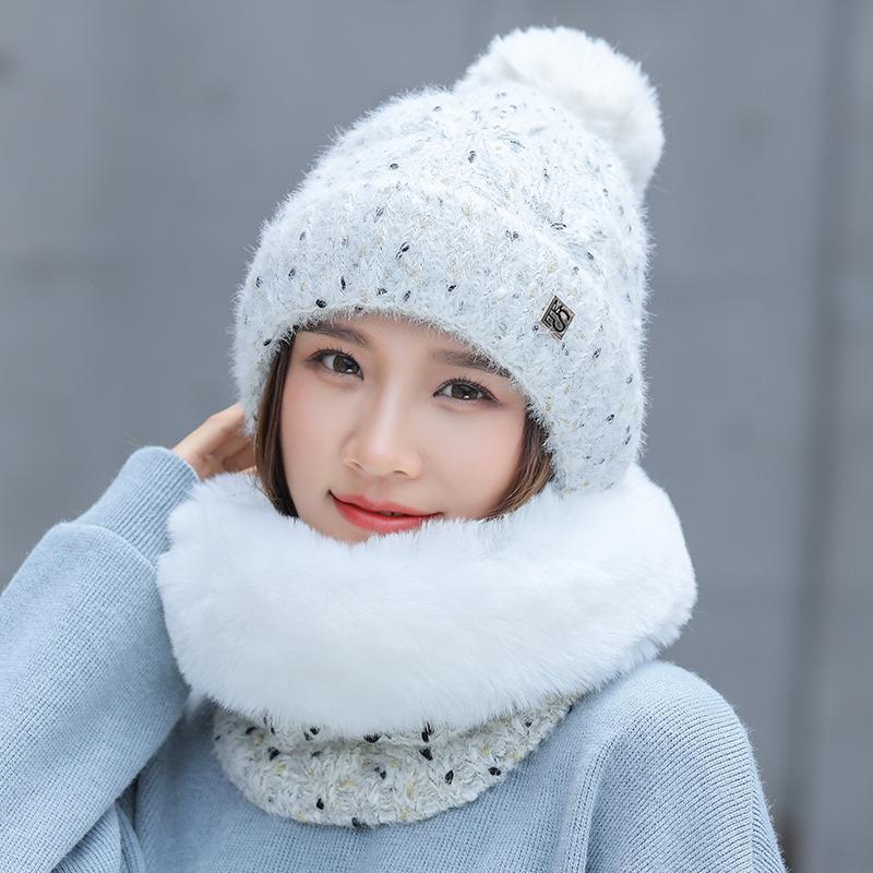 

Sweet lovely Snowflake Dots Knitted Hat And Mink Plush Scarf 2Pcs Set Winter Women's Hats Thick Warm Skullies Beanies Female Cap, White