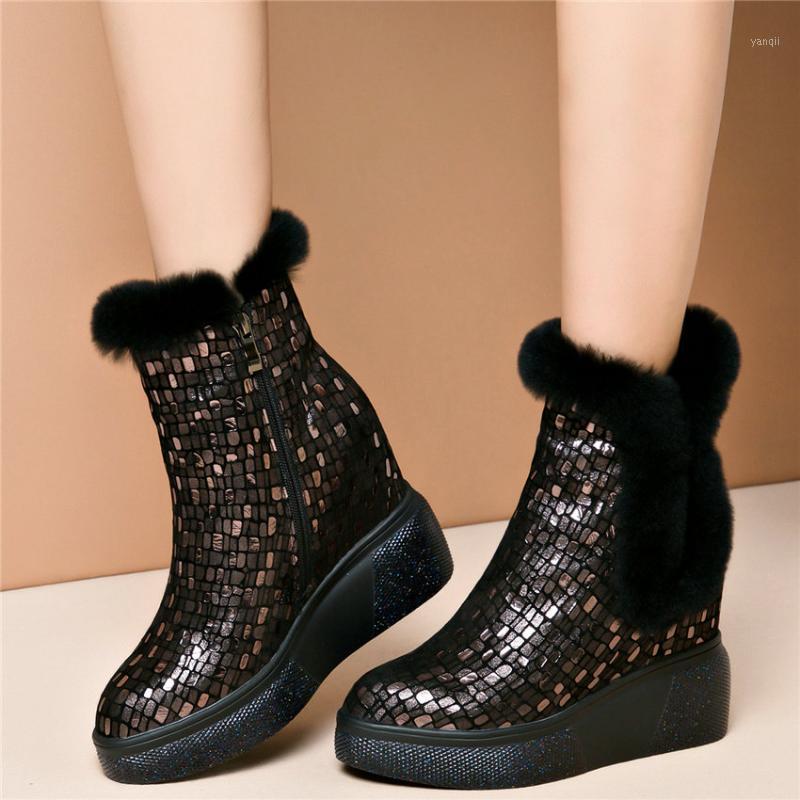 

Women Genuine Leather Wedges High Heel Pointed Toe Ankle Boots Female Winter Fur Platform Pumps High Top Fashion Sneakers1, Black