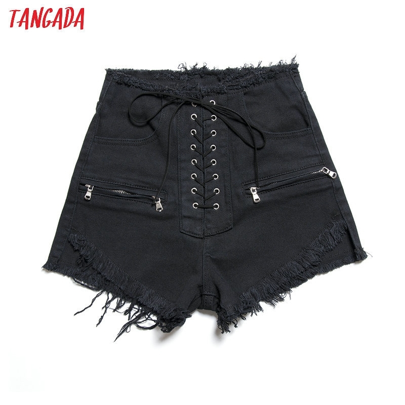 

Tangada women stylish summer denim shorts lace up high waist pockets female casual streetwear white short jeans pantalone 2A19 Y200822, Black