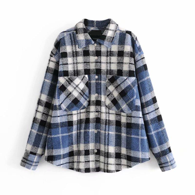 

Ladies Vintage Autumn Winter Pocket Oversized Plaid Jacket Women Coat Streetwear Lapel Loose Outerwear Jacket Female Chic Tops, Blue