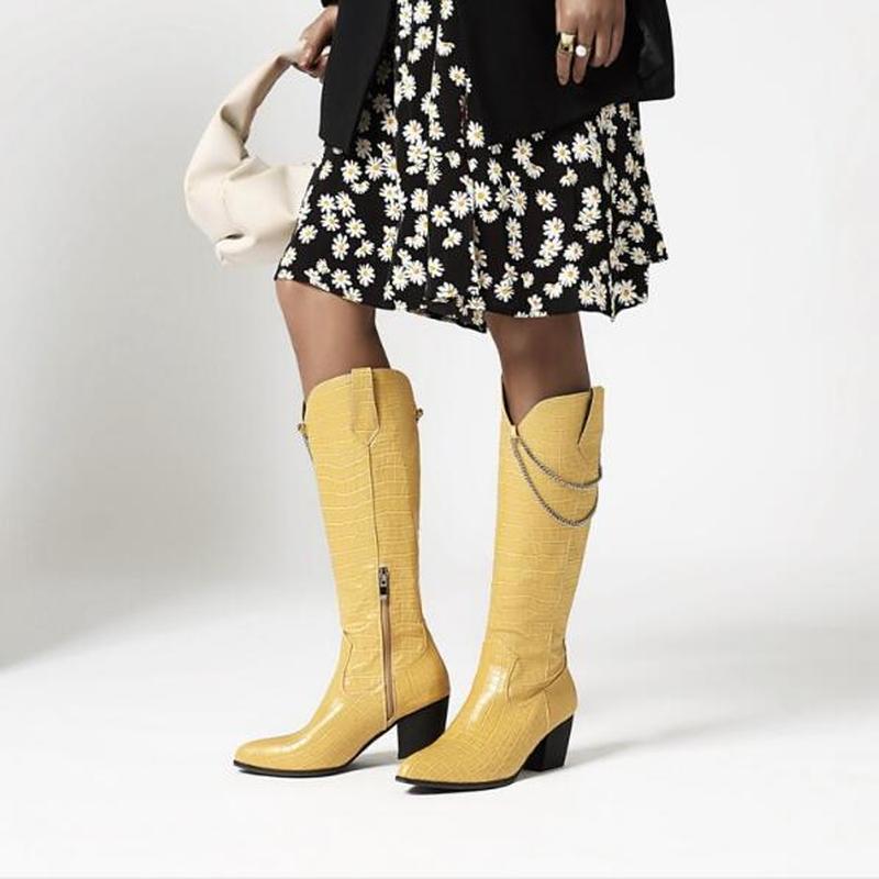 

women knee high boots mid heels shoes woman vintage PU leather booties warm shoe chaussures femme zapatos mujer sapato D23231, Black