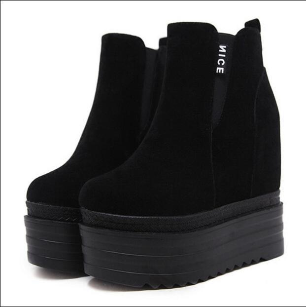 

2020 High 13cm Dwaterproof Proof Water Side Muffin Bottom Non-slip Women's Wedge Jump Boots K2g6, Black suede.