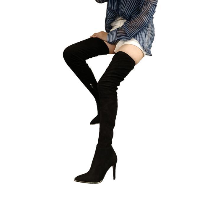 

Wholesale Price Over The Knee Boots Black Suede Leather Womens Thigh High Boots Pointed Toe Winter High Heel Plus Size, As picture