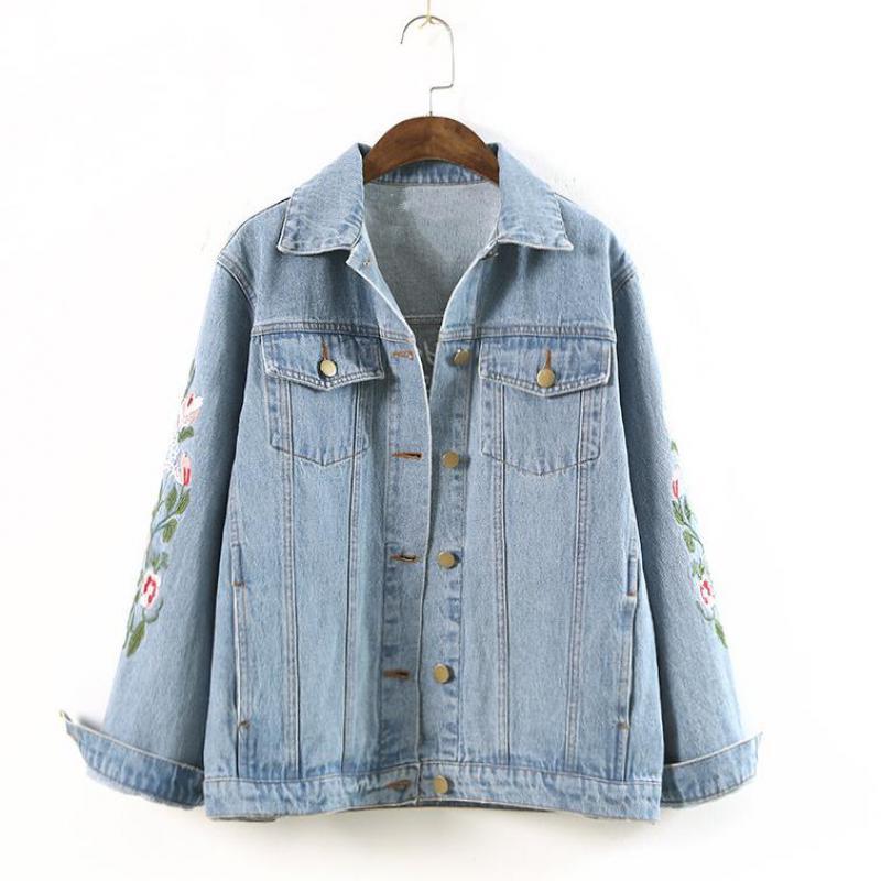 

Women Spring Autumn Flower Embroidered Denim Jacket Vintage Casual Lapel Long Sleeve Pocket Loose Short Jeans Cardigan Coat Tops, Blue