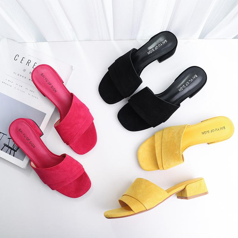 

2021 candy color suede summer sandals women open toe pleated flip flops med-high heels beach sandalias ruffles slippers, Yellow