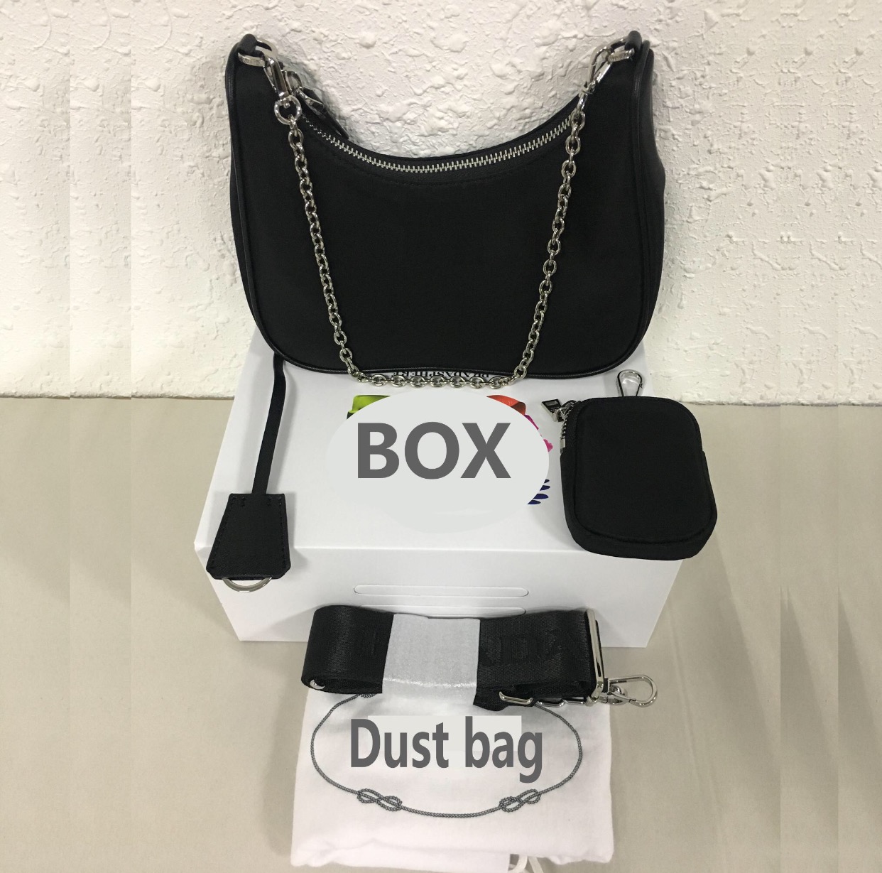 

Fashion 2021 Nylon Hobo Three Bag Set Classic Baguette Underarm Bag Waterproof Composite Single Shoulder Crossbody Chain Woman Bag, Black