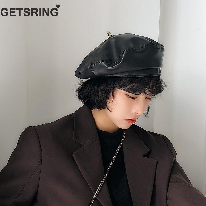 

Berets GETSRING Women Hat PU Leather Mens Beret Fashionable For Men And Retro Pumpkin Painter Cap Man Hats1, Black