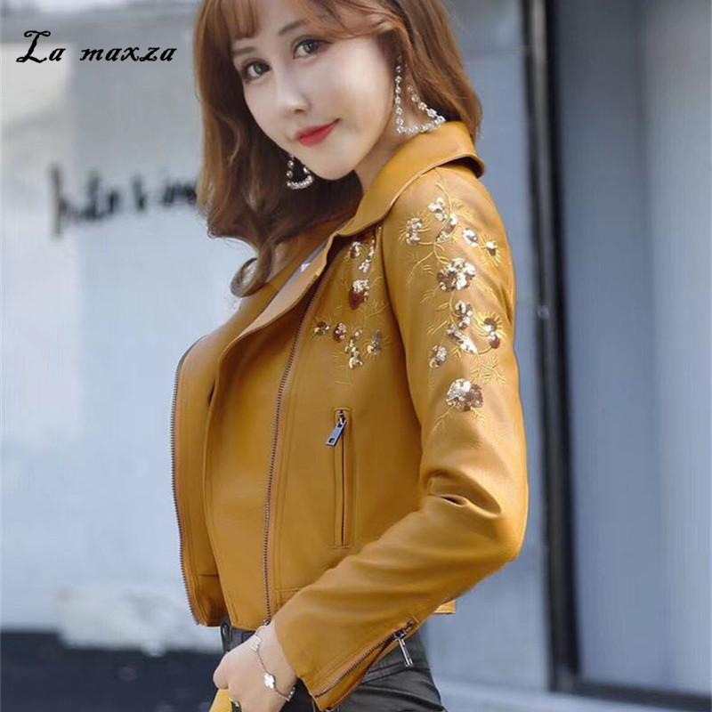 

Women Winter Leather PU Jacket and Coat Moto Embroidery Bomber 2020 Female Crop Jacket, Black