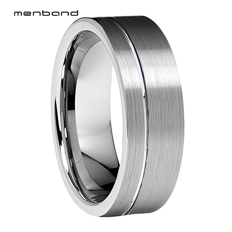 

Men Women Tungsten Ring Flat Band With Offset Grooved And Brushed Finish 6MM 8MM Ring Box Available
