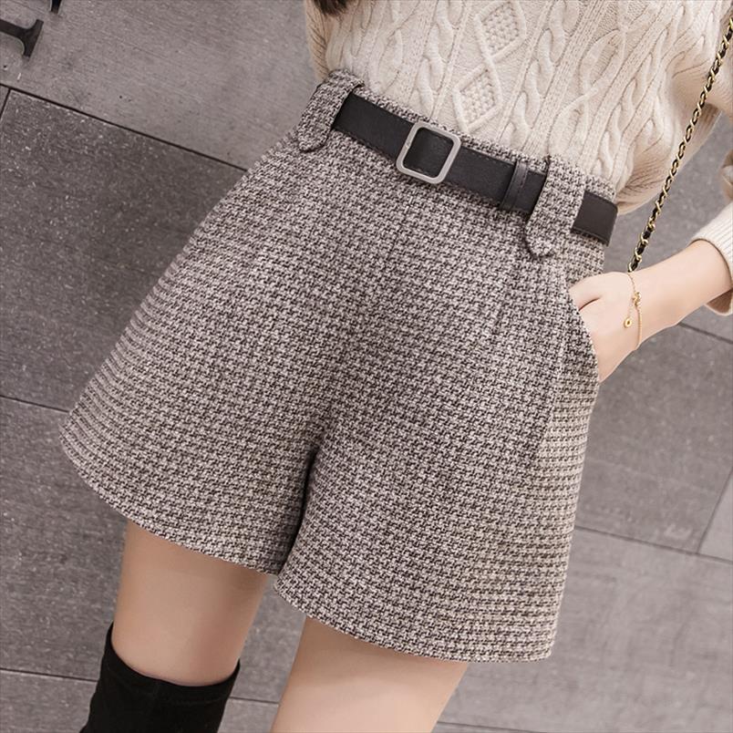 Autumn Winter Wool Blend Shorts Women Elegant Belt Plaid Loose Female Korean High Waist-image-622199537