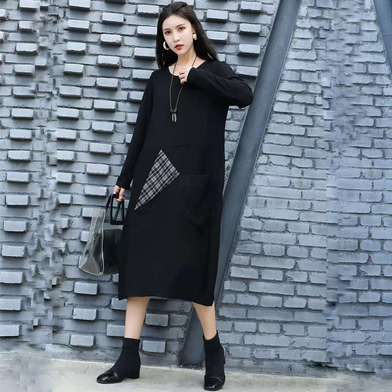

2021 New Women's Oversized Mid-length Cuts Neck-neck Long Sleeves Dress Feminine Patched the Line at Knee Height Dressed As Spring F69E, Red