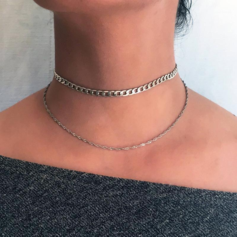 

Punk Silver Color Figaro Chain Choker Necklace for Women 2020 Fashion Double Layer Short Chocker Collar1