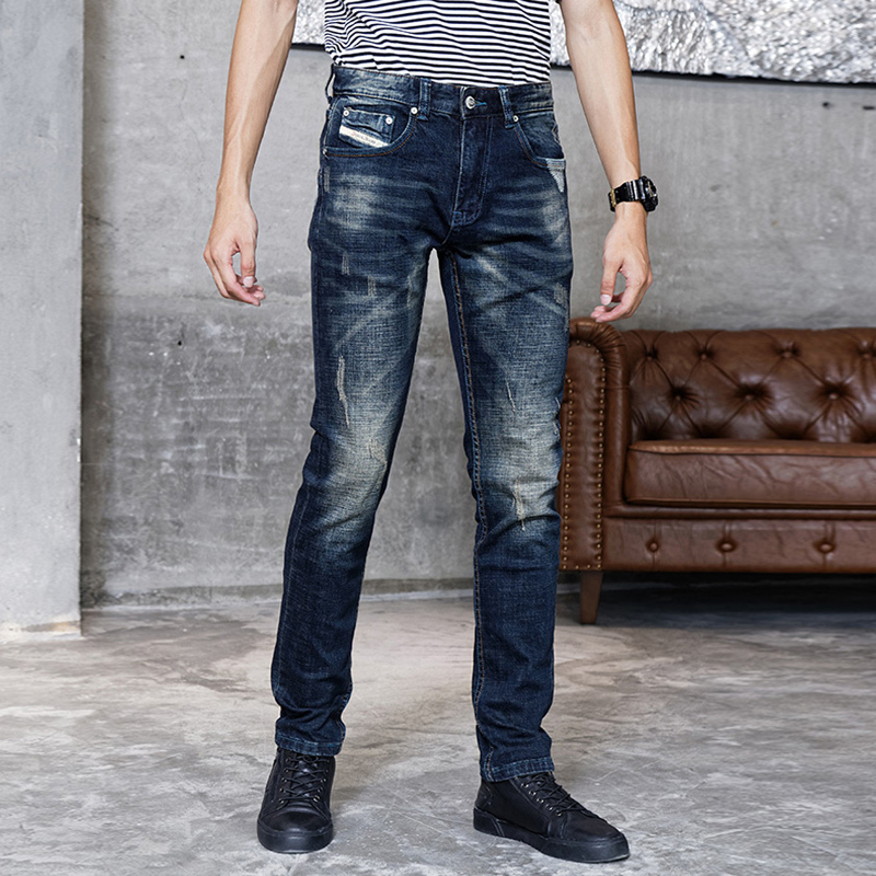 

2021 New Italian Style Fashion Men Jeans High Quality Retro Dark Blue Slim Fit Ripped Long Pants Patches Designer Vintage Denim Trousers Q11, Retro blue
