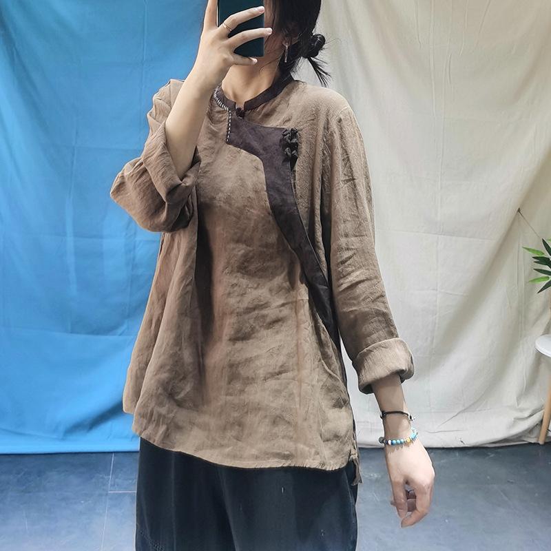 

Women Loose Autumn Linen Tops Blouse Female Spliced Flax Shirt Ladies 2020 Contrast Color Linen Blouses, Brown