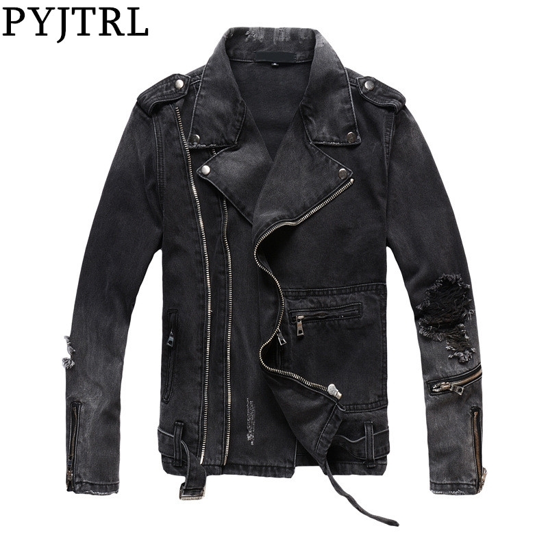 

PYJTRL New Mens Autumn Winter Thick Vintage Holes Ripped Distressed Coat Black Denim Jacket For Motorcycle Zippers Outwear 201123