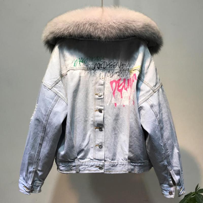 

Winter Fashion Graffiti Warm Real Fur Collar coat + Real Hair Liner Denim Jacket Female Thicker Fur Outwear F708, Blue with gray fur